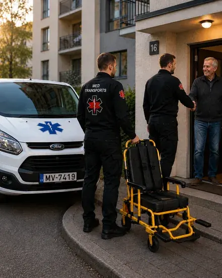 Машина Med Transports подъехала к подъезду, сотрудники встречают родственника