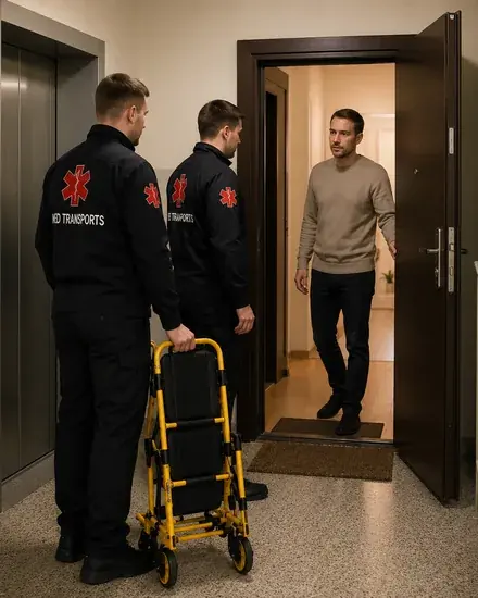 Сотрудники Med Transports поднимаются на этаж к квартире пациента