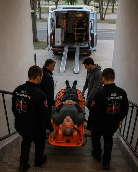 Санитары Med Transports спускают лежачего пациента на мягких носилках по лестнице к машине