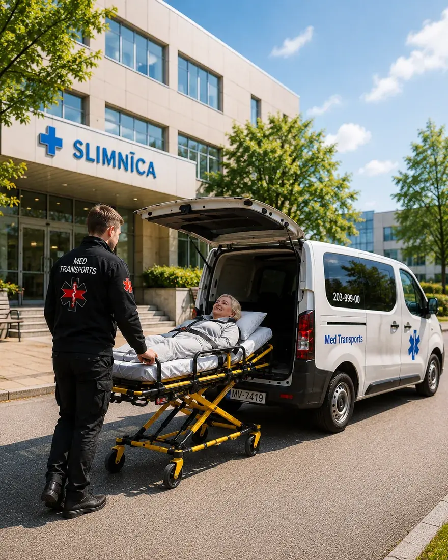 Med Transports mašīna piebraukusi pie slimnīcas korpusa pacienta izrakstīšanai