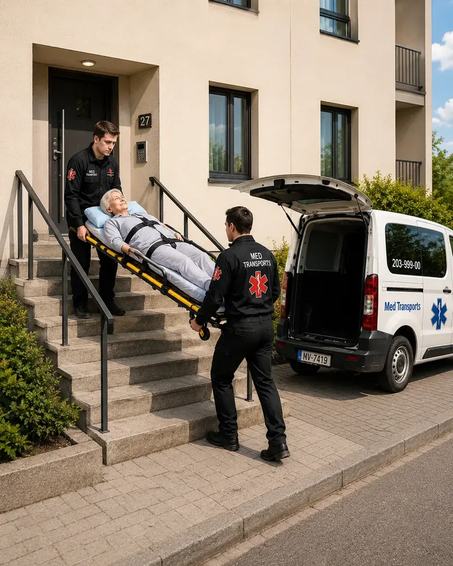 Med Transports sanitāri nes pacientu uz mīkstajām nestuvēm pa mājas kāpnēm pēc izrakstīšanās